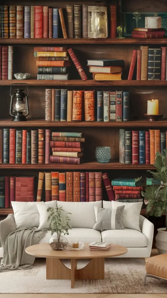 Artistic mural of bookshelves with a cozy living room setup