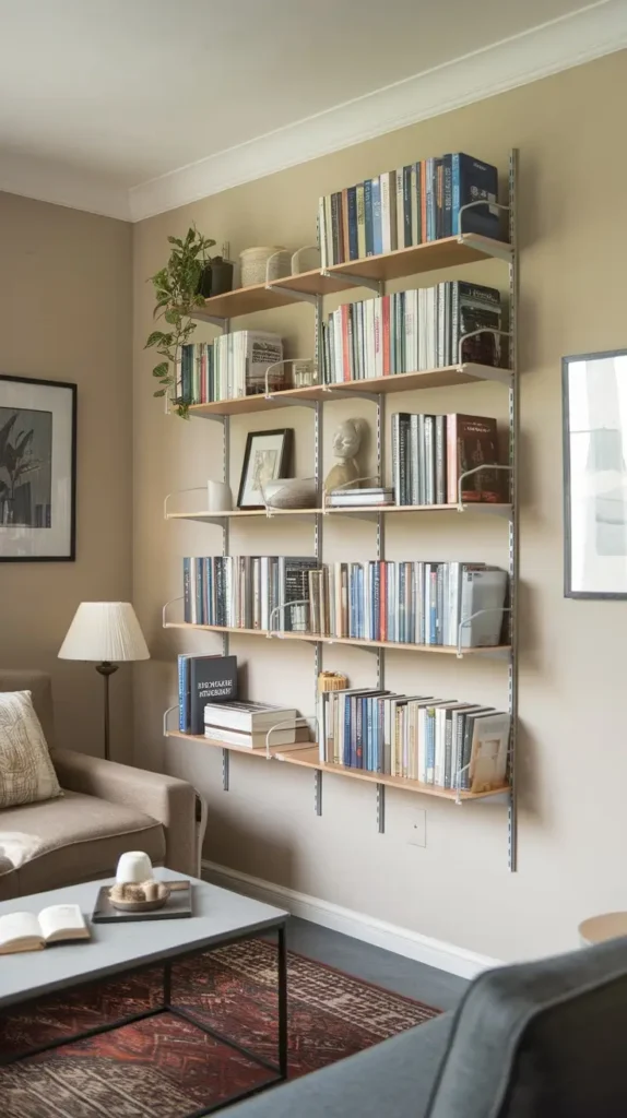 A modern wall-mounted bookshelf with various books and decorative items.